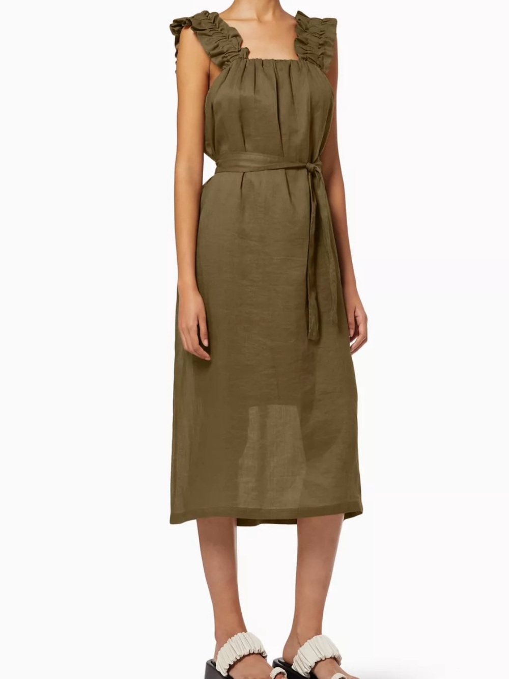 FRAME DRESS Olive Green Ruffle-Shoulder Midi Dress with Waist Tie. Size M